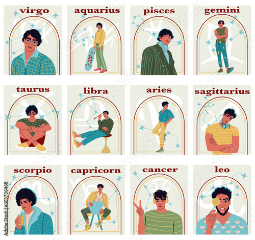 Zodiac signs. All zodiac signs in male portraits concept: Taurus, Leo, Gemini (Twin), Capricorn, Pisces, Scorpio, Aquarius, Aries, Cancer, Virgo, Libra and Sagittarius. 