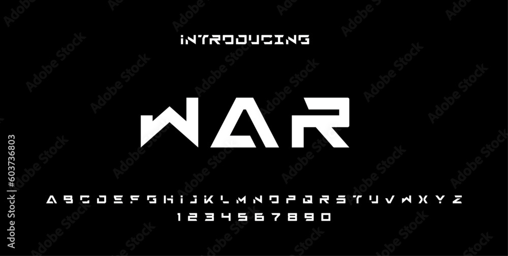 WAR, Sports minimal tech font letter set. Luxury vector typeface for company. Modern gaming font logo design, typography techno fonts classic style, regular uppercase and number. vector illustration - obrazy, fototapety, plakaty 