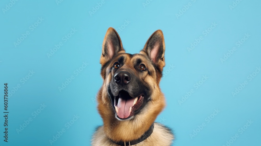 Portrait of a German Shepherd on a blue background with copy space.Generative Ai