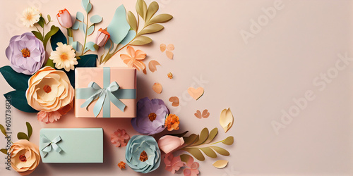 Women day and mother's day background banner in feminine color with space for text, backdrop with spring flowers and gift boxes, Generative AI