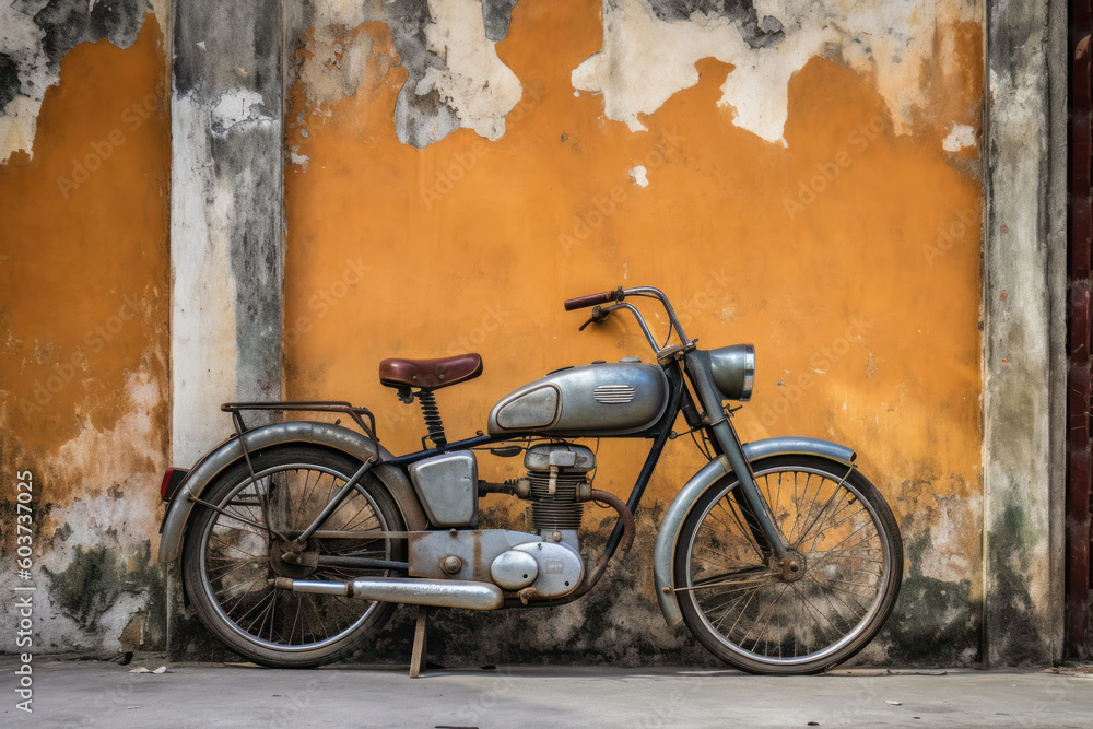 Vintage Motorcycle Leaning Against A Yellow Wall Streetphotography Made With Generative AI