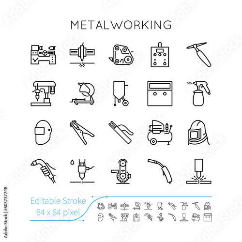 Metalworking Icon Set. Editable vector stroke. Welding, Sharpening, Grinding, Drilling, Cutting, Sandblasting, Grooving, Cleaning, Plasma, Laser, Grinder, Hydro, Compressor, Gas.