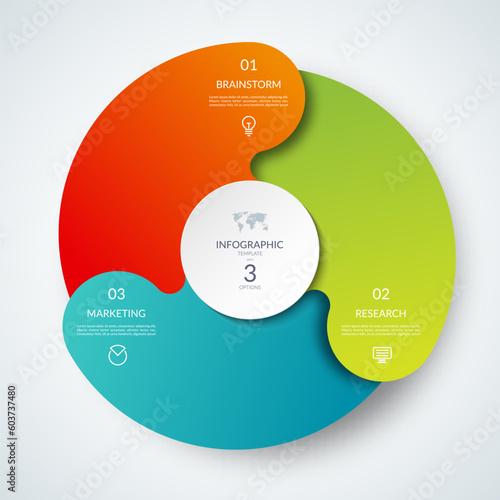 Vector infographic circle. Cycle diagram with 3 steps. Round chart that can be used for report, business infographics, data visualization and presentation.