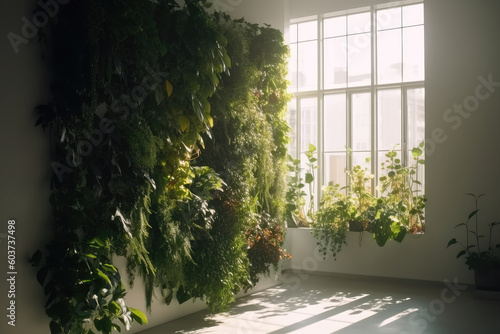 Vertical gardens at home room. Living green wall in modern interior design. DIY vertical garden ideas for home garden. AI generative