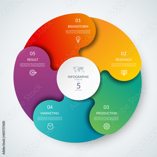 Vector infographic circle. Cycle diagram with 5 steps. Round chart that can be used for report, business infographics, data visualization and presentation.