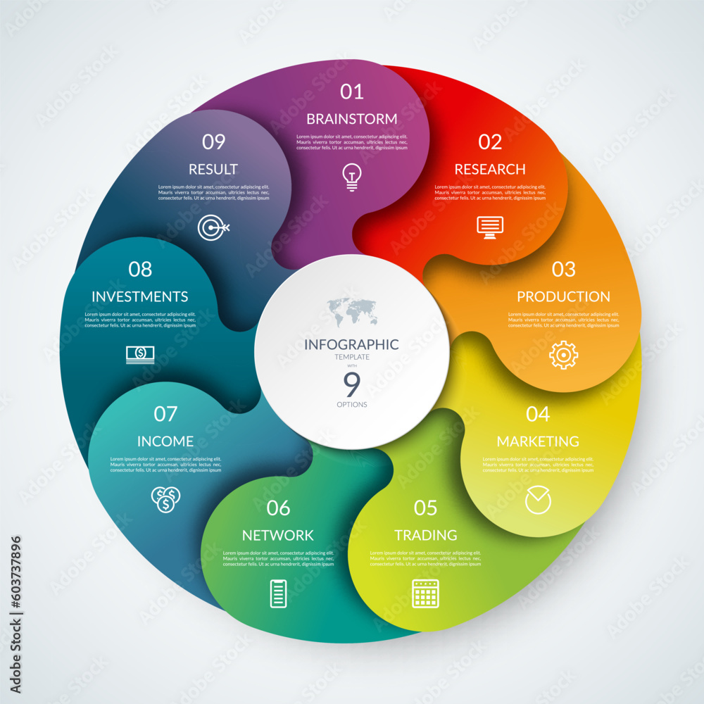 Vector infographic circle. Cycle diagram with 9 steps. Round chart that can be used for report, business infographics, data visualization and presentation. Vector infographic circle. Cycle diagram with 9 steps. Round chart that can be used for report, business infographics, data visualization and presentation.