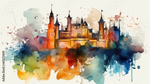 Colorful castle painting. Color watercolor painting. Generative AI