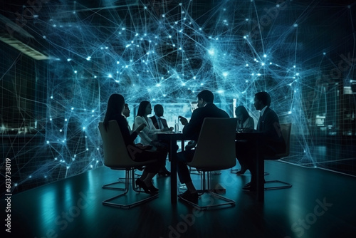 Business people around a table in a room connected, with abstract neural networks, blue and dark light, contrast