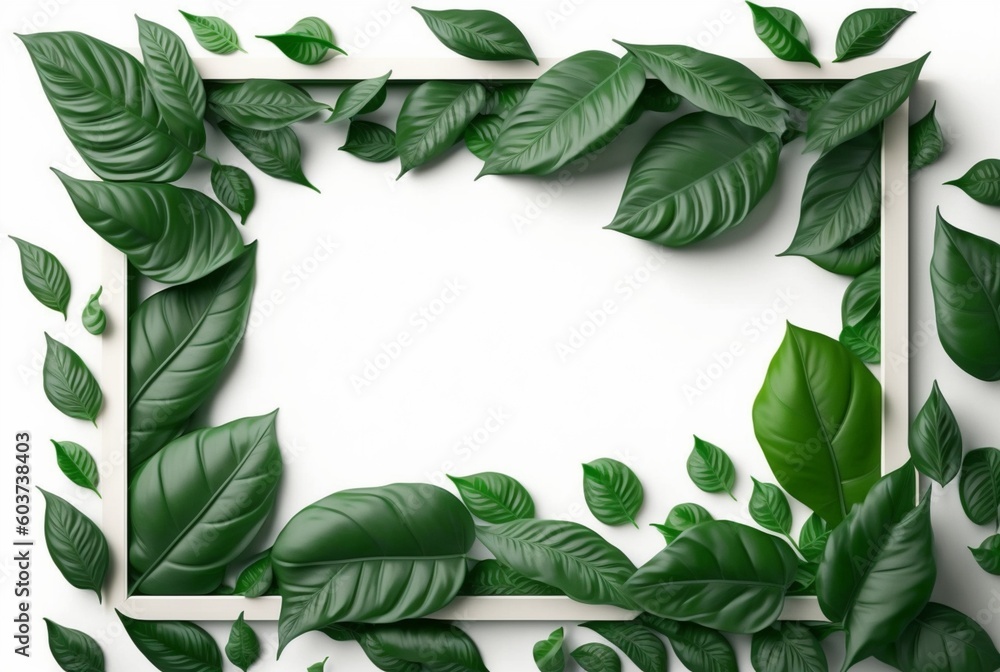 Naklejka premium Frame of green leaves on a white background. lay flat. Generative AI