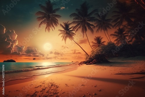 beautiful view of sunset with coconut trees. generative ai © LivroomStudio