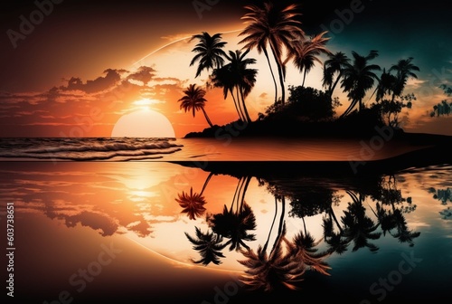 beautiful view of sunset with coconut trees. generative ai