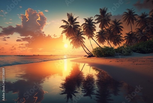 beautiful view of sunset with coconut trees. generative ai © LivroomStudio