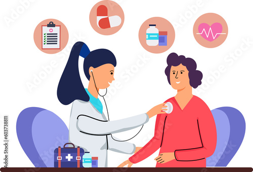 illustration of a female doctor examining a patient in a clinic. illustration of a female patient checking her health to the doctor