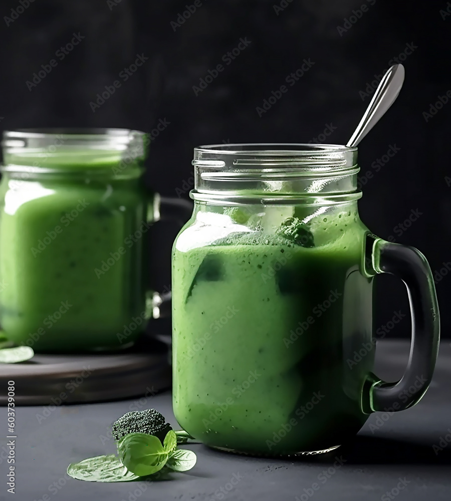 Green smoothie with spinach on a wooden table. Healthy food, diet . generative AI tools Green smoothie with spinach on a wooden table. Healthy food, diet . generative AI tools
