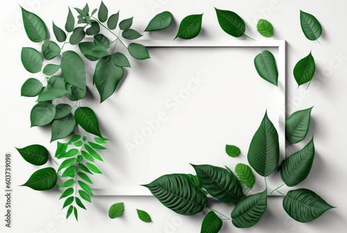 Frame of green leaves on a white background. lay flat. Generative AI