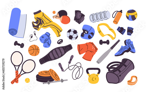 Sport equipment, gym and fitness stuff set. Workout accessories, objects. Soccer and basketball balls, tennis rackets, mat, bag, dumbbell. Flat graphic vector illustration isolated on white background