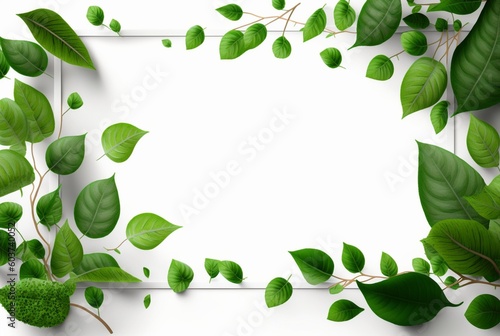 Frame of green leaves on a white background. lay flat. Generative AI