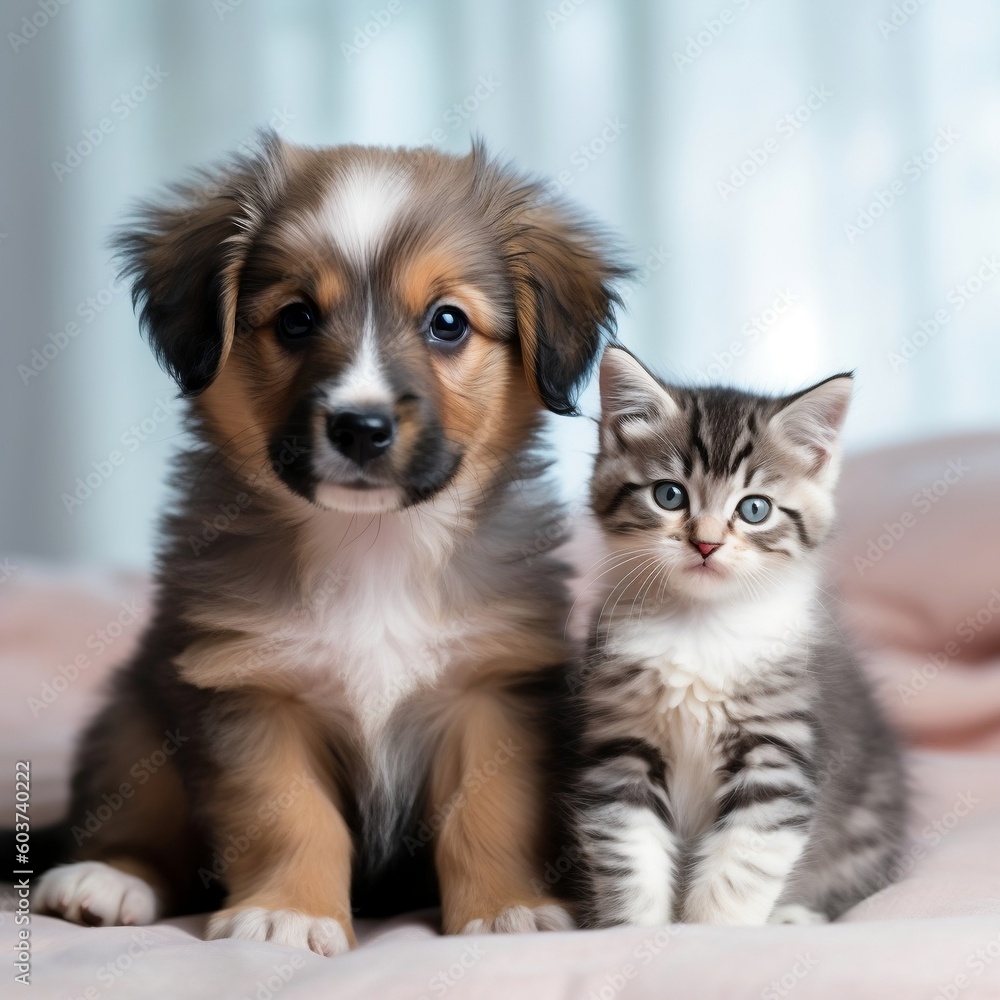 Cute puppy and kitten sitting together, best friends forever. AI