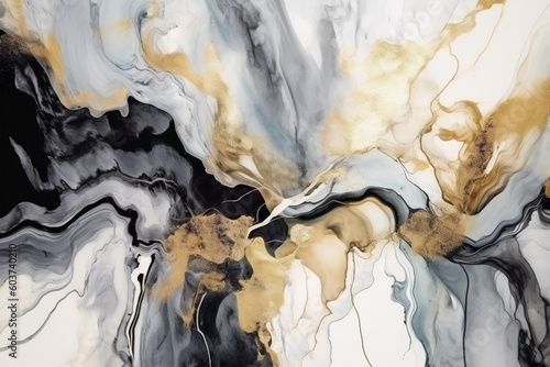 Abstract black, white, gray and gold alcohol ink art background.  photo