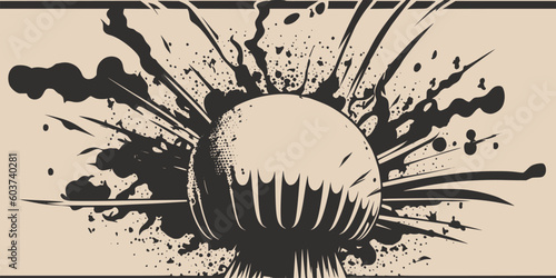 Vintage retroo cartoon comics ink abstract drawing texture background with huge atomic explosion boom. Graphic