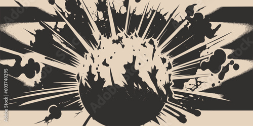 Vintage retroo cartoon comics ink abstract drawing texture background with huge atomic explosion boom. Graphic