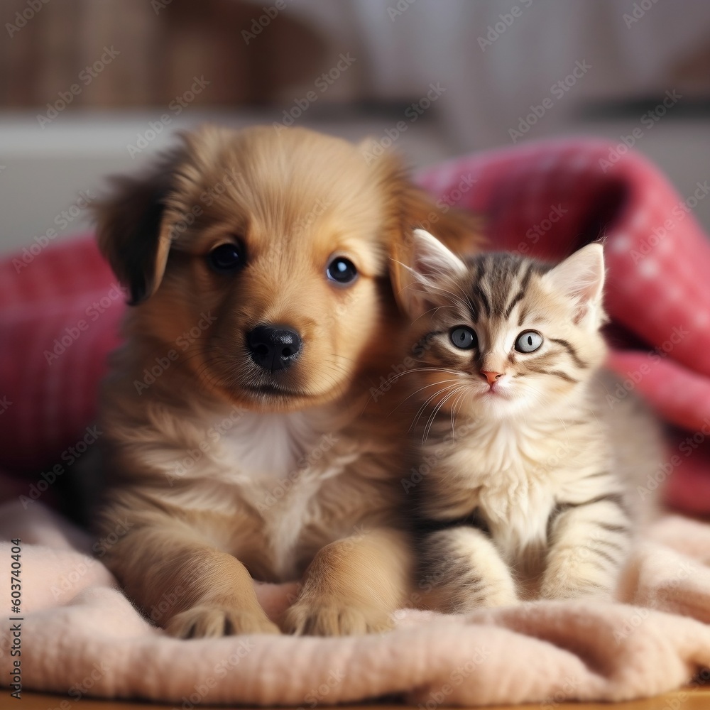 Cute puppy and kitten sitting together, best friends forever. AI