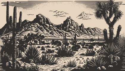 Fototapete Grau 2 Mountain desert texas background landscape engraving gravure style. Wild west western adventure explore inspirational vibe. Graphic Art. Sketch drawn Vector  © Graphic Warrior