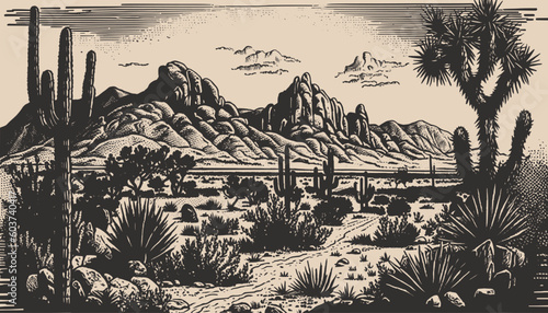 Mountain desert texas background landscape engraving gravure style. Wild west western adventure explore inspirational vibe. Graphic Art. Sketch drawn Vector