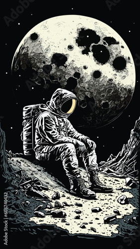 Retro Vintage Engraving Woodcut Linocut style space astonaut sitting on a moon surface. Lonely adventure explore future vibe. Can be used for decoration or graphic design. Graphic Art