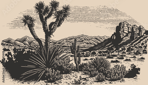 Canvas Print Mountain desert texas background landscape engraving gravure style
