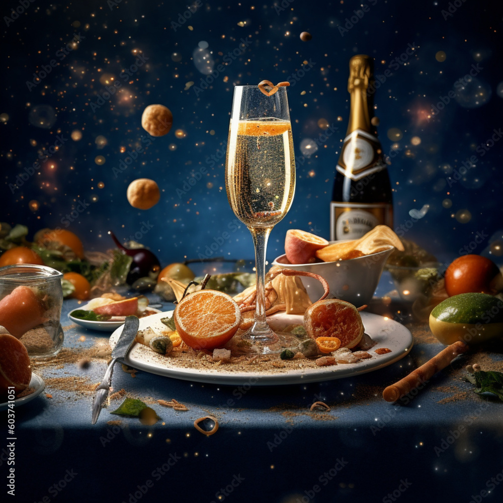 A bottle of champagne is on a table with other food and a bottle of champagne.