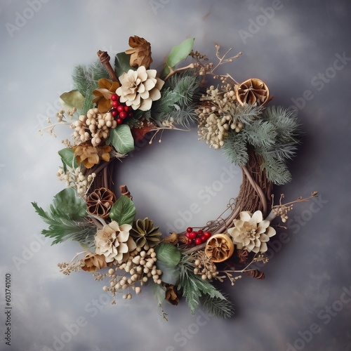 Christmas decorative wreath made of eco-friendly natural materials. AI