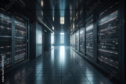 Futuristic server room hallway, generative AI
