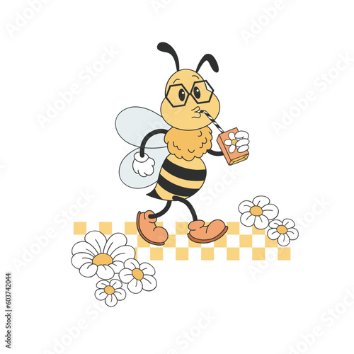 Retro rubber hose cartoon bee character drink juice vector illustration. Cool groovy bumblebee personage print design.