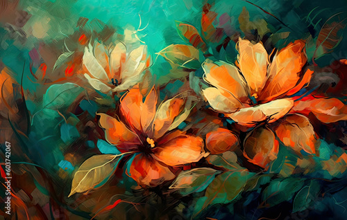 watercolor painting of flowers and leaves created with Generative AI technology