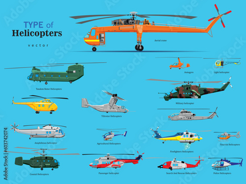 Various types of helicopters. Large vector set of helicopters with type names