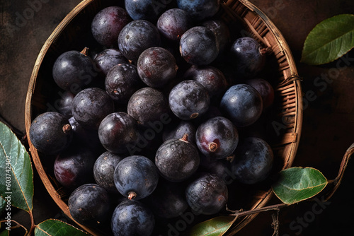 View from above of a basket full of maqui.  Composite with different elements made with generative AI