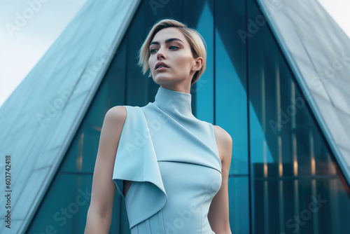 Beautiful haute couture model in front of a modern architecture building.  Composite with different elements made with generative AI