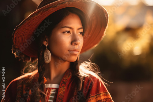 Portrait of an Andean girl with traditional costumes. Composite with different elements made with generative AI