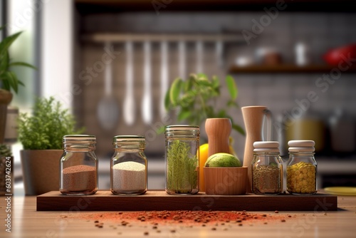 Generative AI Photo realistic seasonings set on the industial minimalist