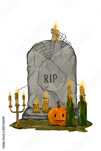 Old marble tombstone with RIP inscription. Cobblestone tombstone. Old cobblestone tombstone with candles, candlestick and pumpkin. Hand-drawn macabre illustration for Halloween 
