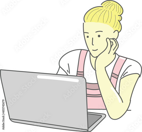 woman with laptop with hand on chin.