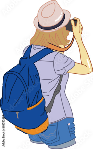 woman or traveler with bag take a picture facing backwards