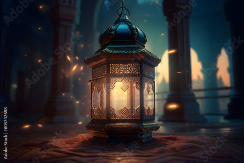 Islamic greetings ramadan kareem poster beautiful gold lantern decoration. Ai generated