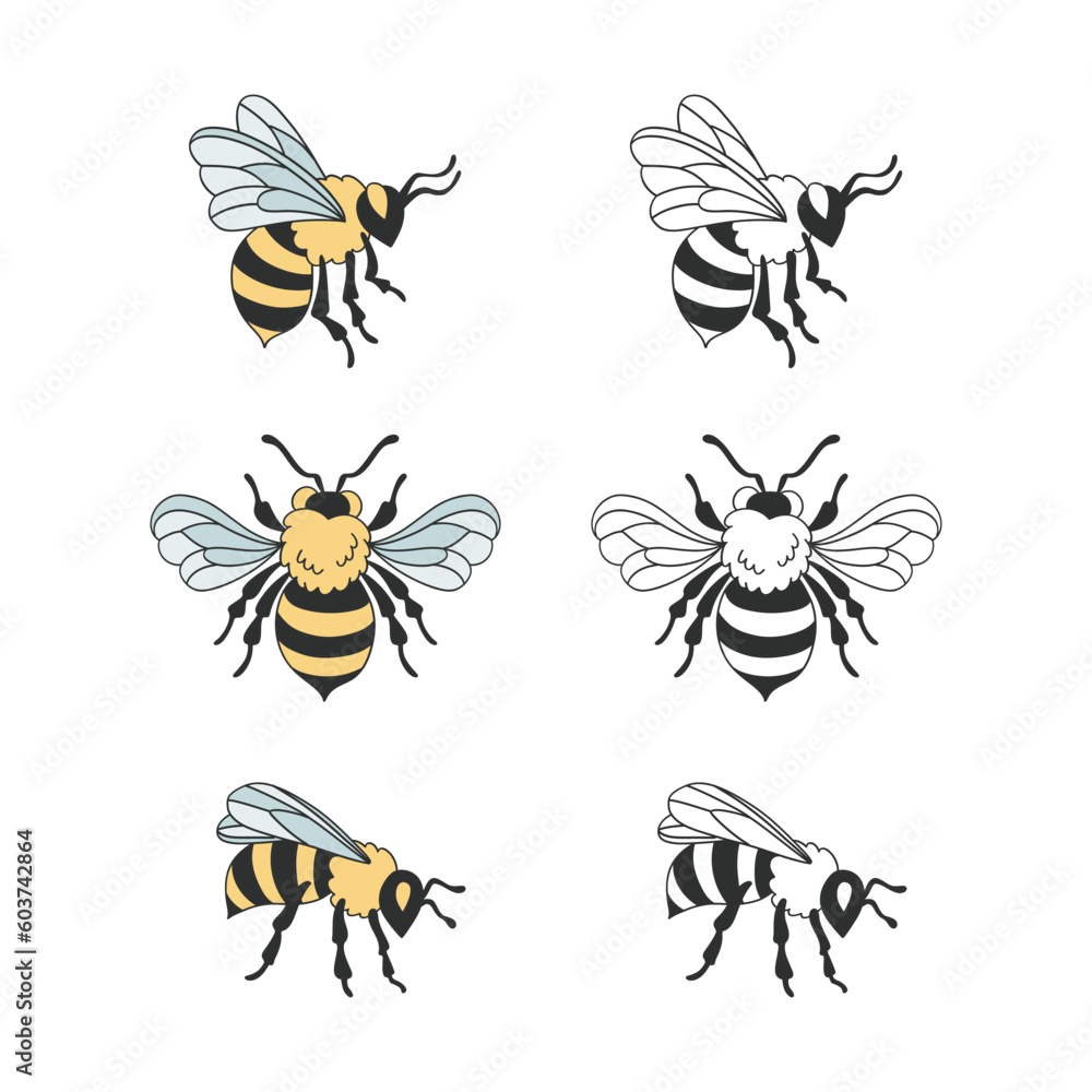 Obraz premium Honeybee bumblebee clipart collection. Bee vector illustration set isolated on white background. Groovy decorative hand drawn beekeeping design elements.