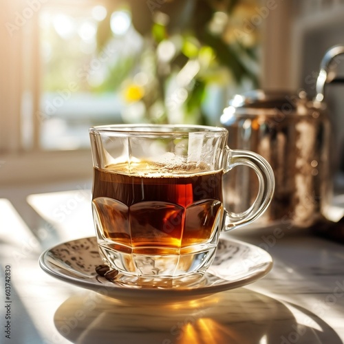 Freshly brewed coffee in a glass mug on a wooden table. AI