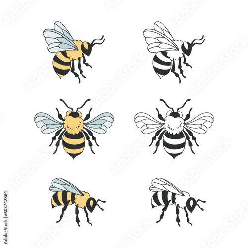 Honeybee bumblebee clipart collection. Bee vector illustration set isolated on white background. Groovy decorative hand drawn beekeeping design elements.