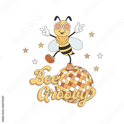 Retro rubber hose cartoon disco bee character vector illustration. Cool groovy bumblebee personage print design.