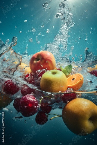fruit green vitamin strawberry fresh food drop healthy copy background water space. Generative AI.