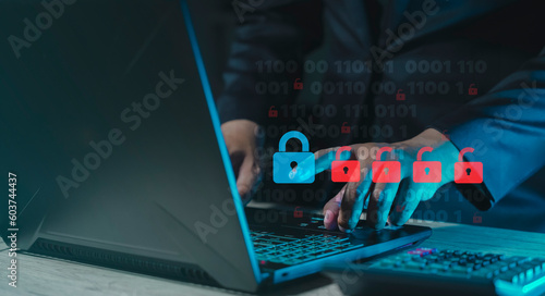 security hack Threats of data leaks and system security Red open key surrounded by blue closed Close the problem solving gap. Ethical Hacking and Professional Penetration.